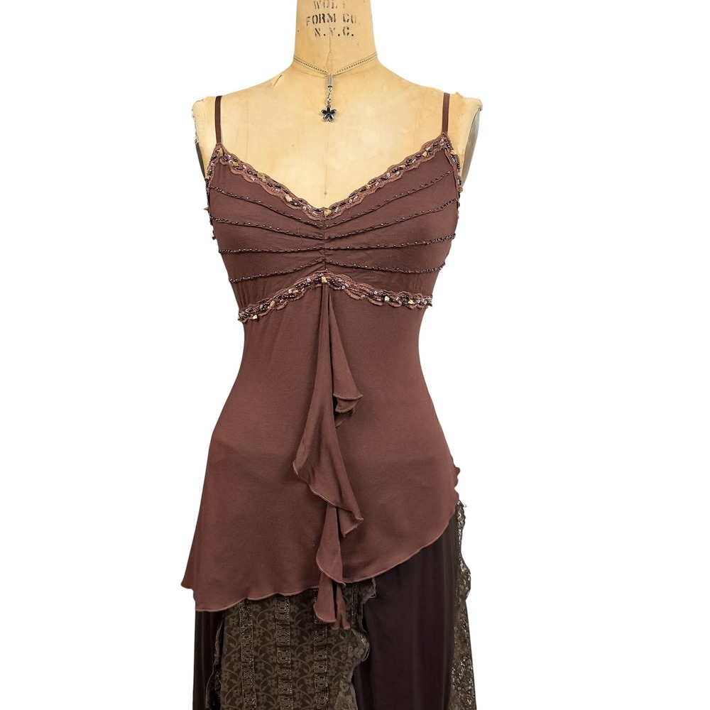 Y2K Asymmetrical Beaded Cami Ruffle Hem Whimsical Dark Fairy Vanity Size L